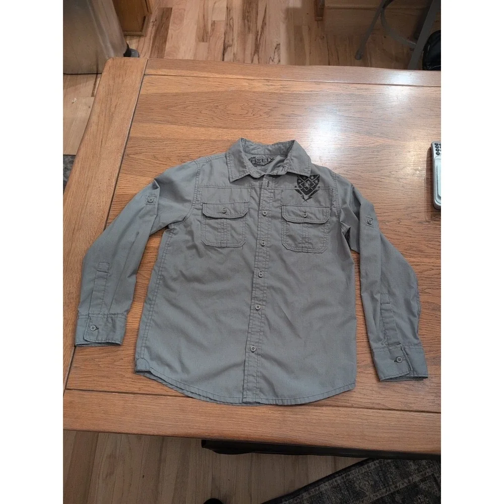 Helix Boys L Long Sleeve Button Down Shirt Cotton Blend Gray Eagle‎ Crest EUC